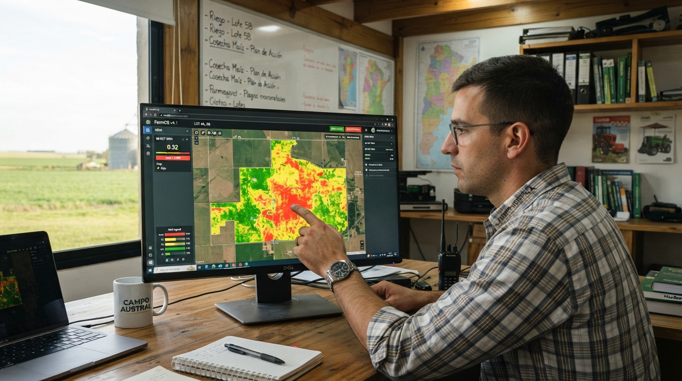 A large monitor in a farm office in Argentina displaying a satellite NDVI crop-health heatmap (AI-generated image).