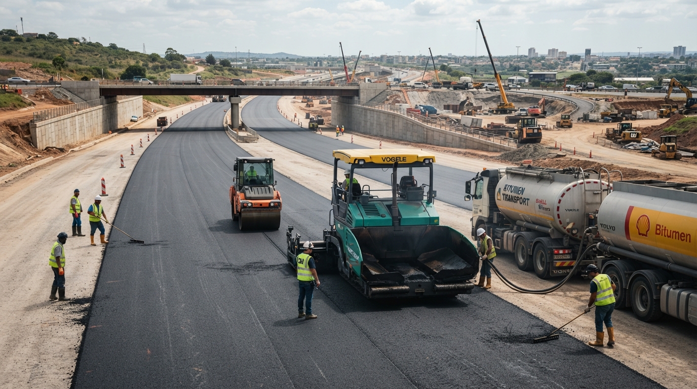 Un projet moderne de construction routière comprenant une autoroute fraîchement asphaltée et des équipements de pose d’asphalte (image générée par IA)