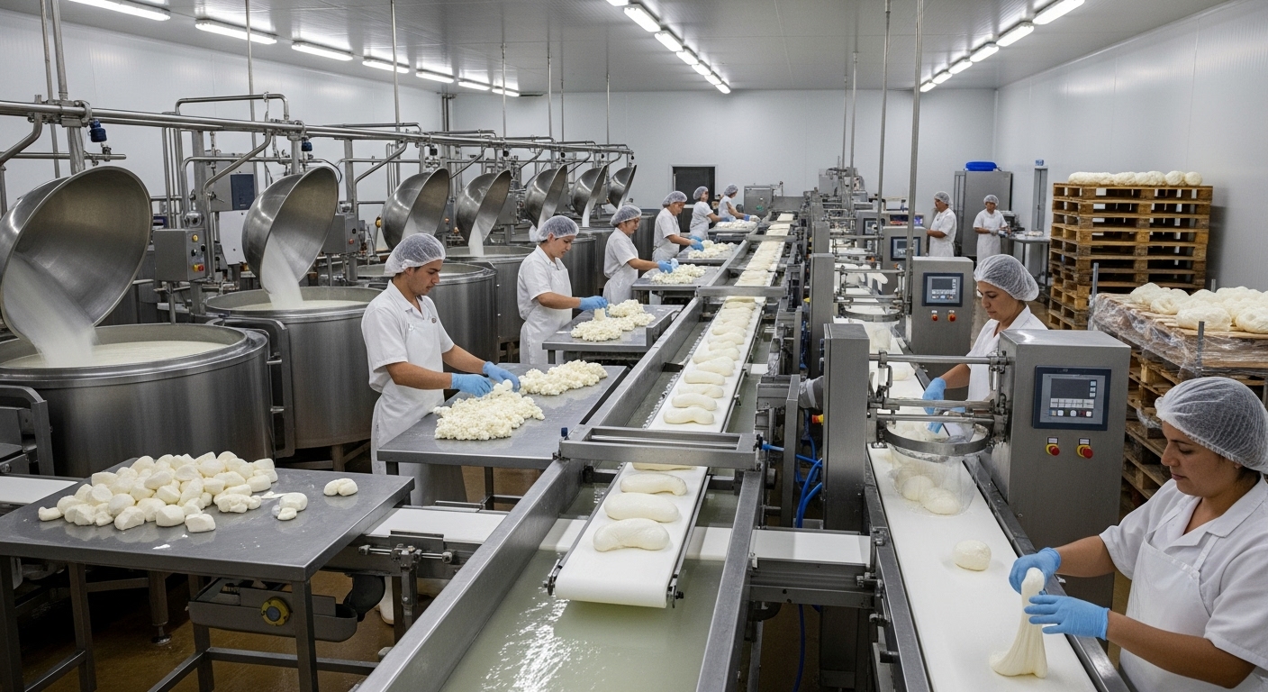 A mozzarella production line in Argentina (AI-generated image).