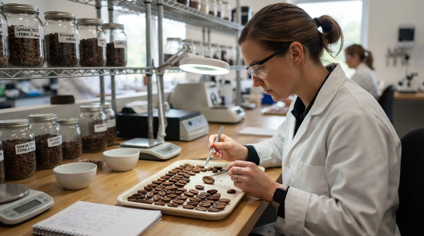 Technician inspects cocoa bean cut test showing brown fermentation color (AI-generated image)