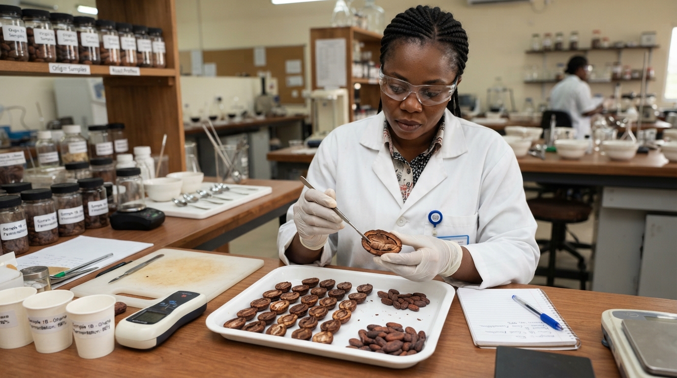 Un technicien inspectant un test de coupe de fèves de cacao montrant une coloration brune due à la fermentation (image générée par IA)