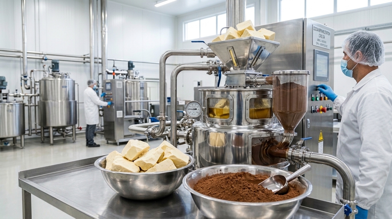 Blocs de beurre de cacao et poudre de cacao (image générée par IA)