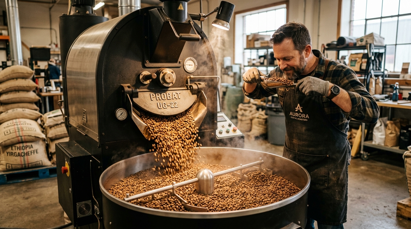 Industrial coffee roasting machine with golden roasted beans pouring into cooling tray (AI-generated image)