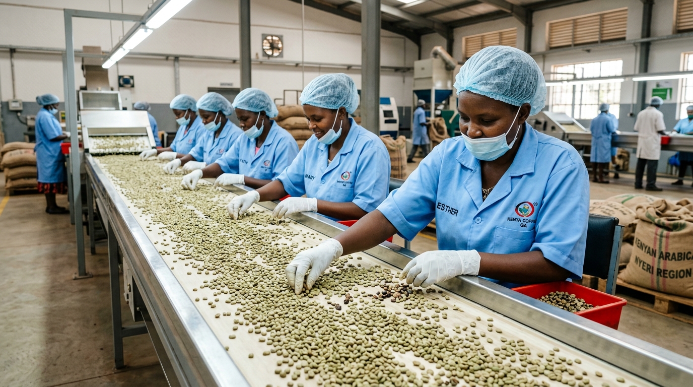 Kenyan coffee sorting line (AI-generated image)