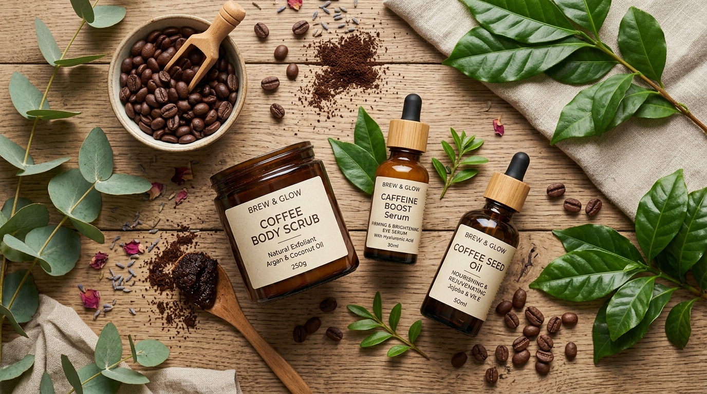 Natural cosmetics flat lay with coffee body scrub, coffee oil bottle and caffeine serum (AI-generated image)