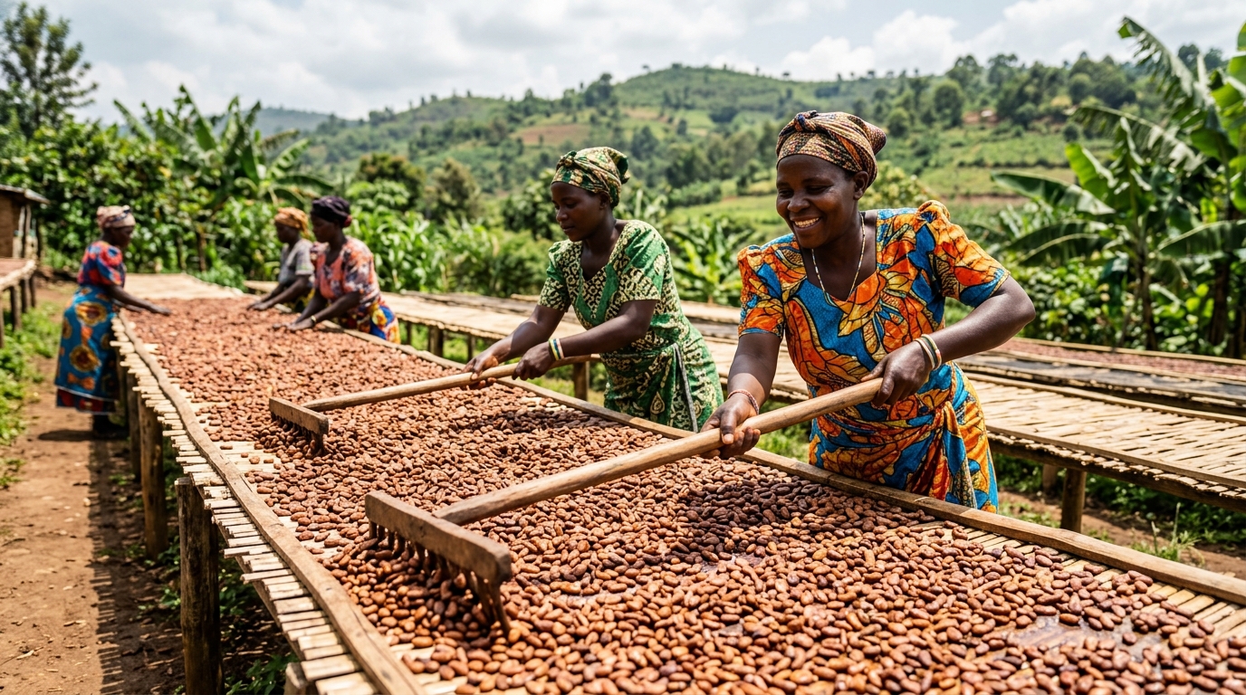 Ugandan women turning sun-drying cocoa beans on raised drying beds (AI-generated image)