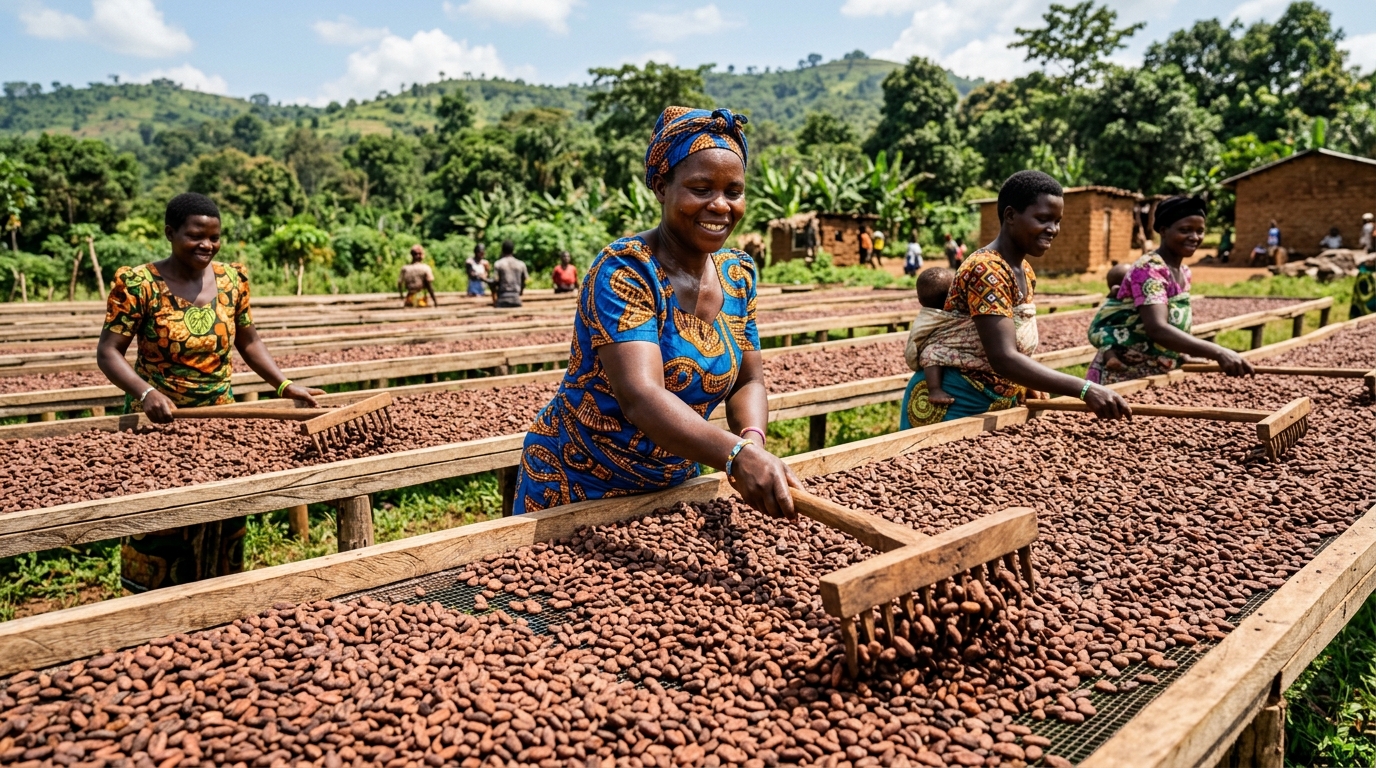 Femmes ougandaises retournant des fèves de cacao séchées au soleil sur des claies de séchage surélevées (image générée par IA)