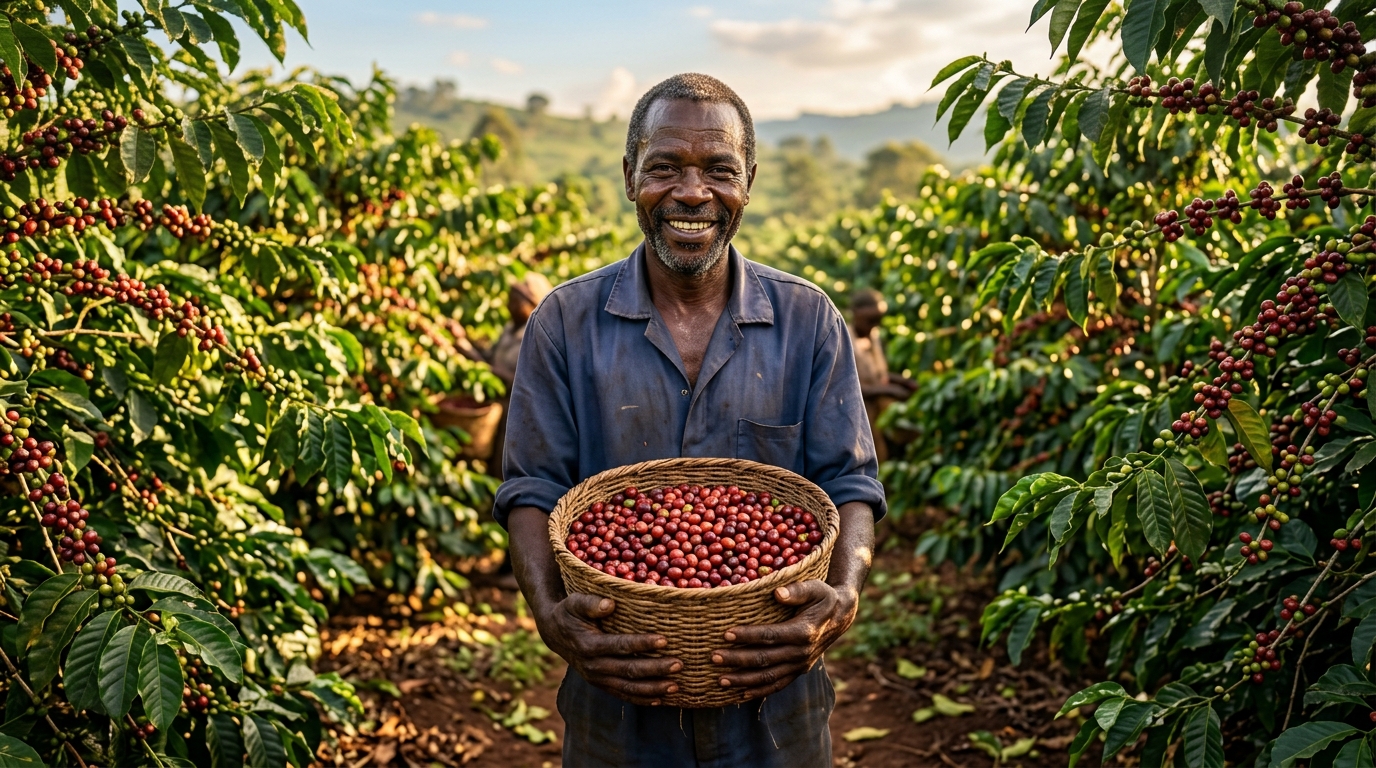 Ugandan farmer smiling holding a basket of ripe Robusta coffee cherries (AI-generated image)