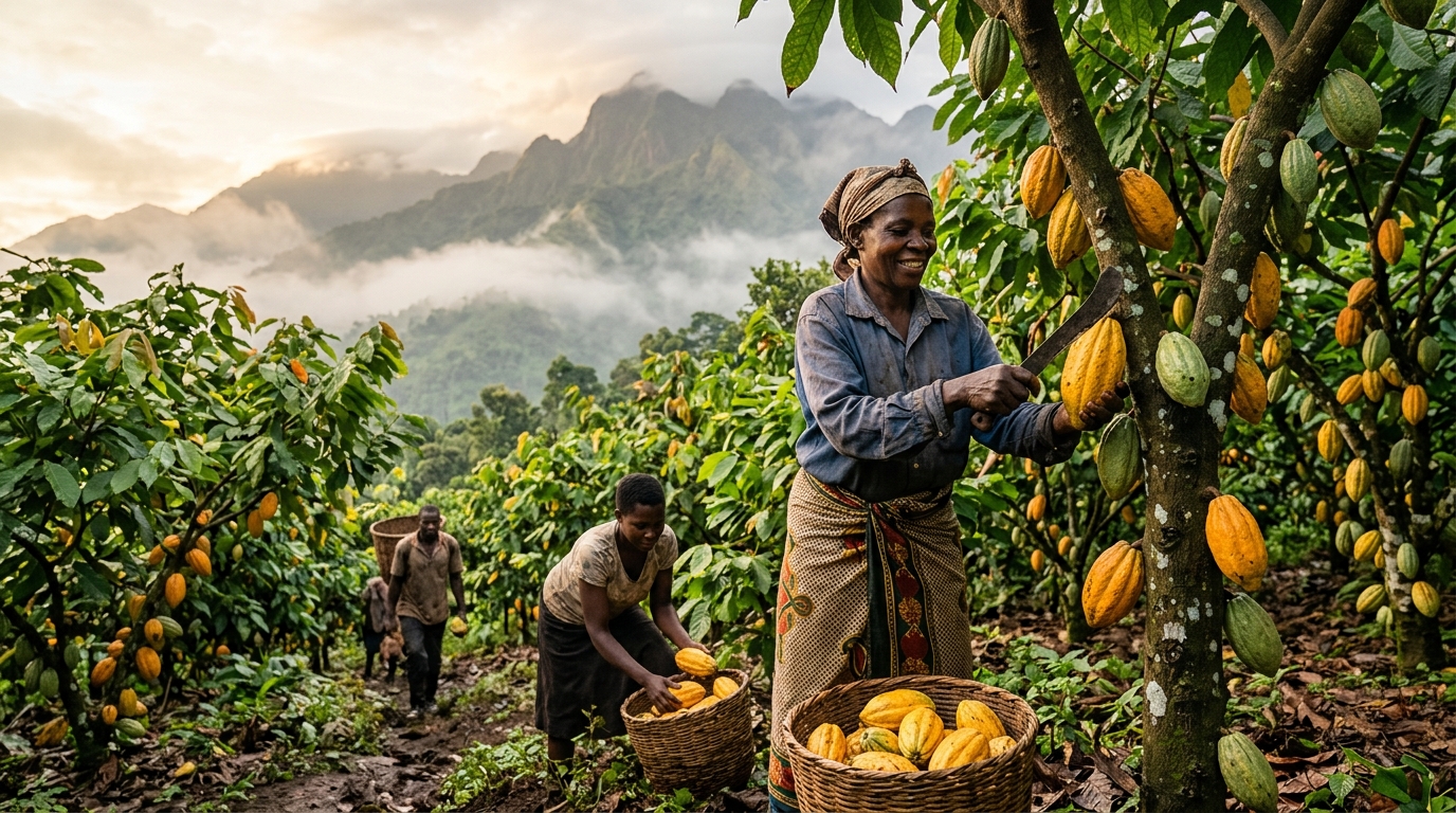 Ugandan smallholder farmers harvesting ripe yellow cocoa pods (AI-generated image)