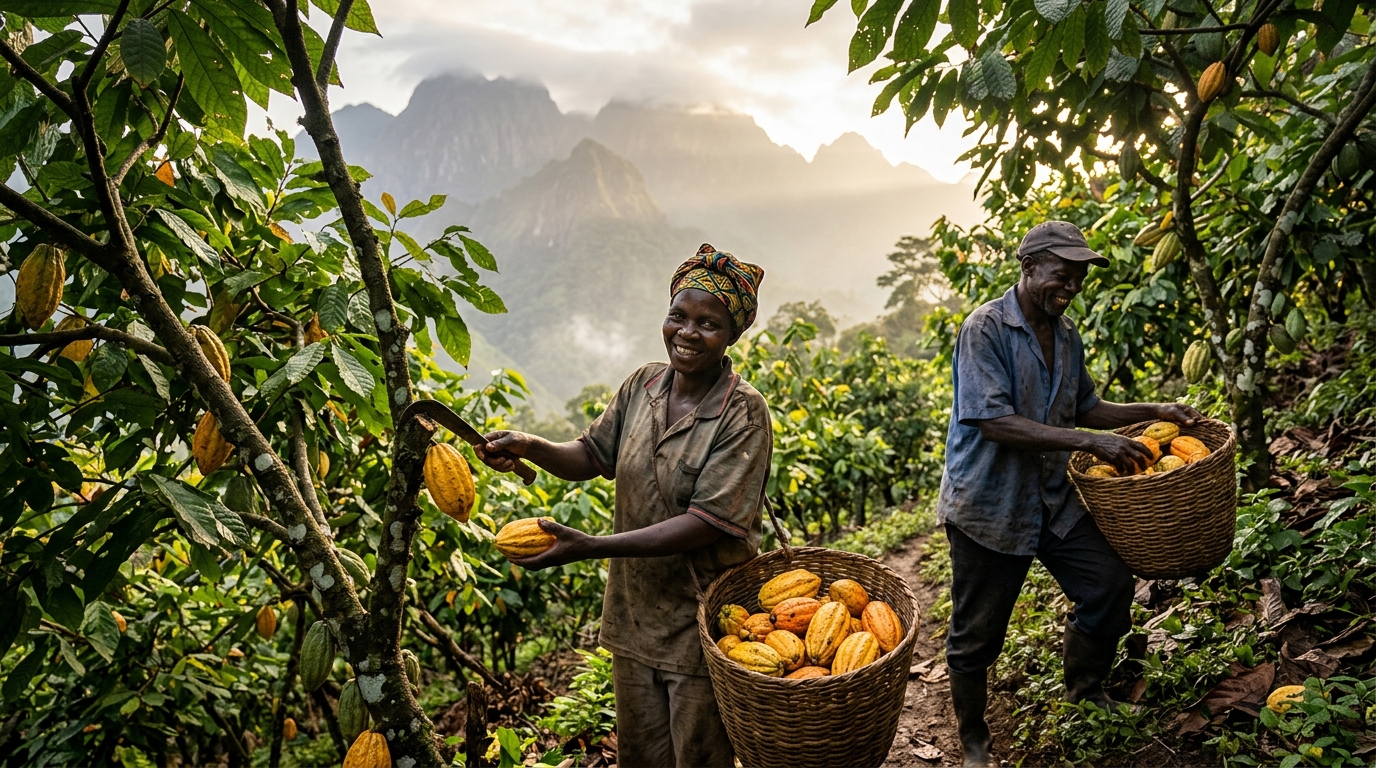 Petits exploitants agricoles ougandais récoltant des cabosses de cacao jaunes et mûres (image générée par IA)