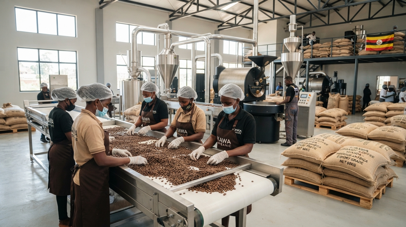 Modern Ugandan Coffee Processing Facility (AI-Generated Image)