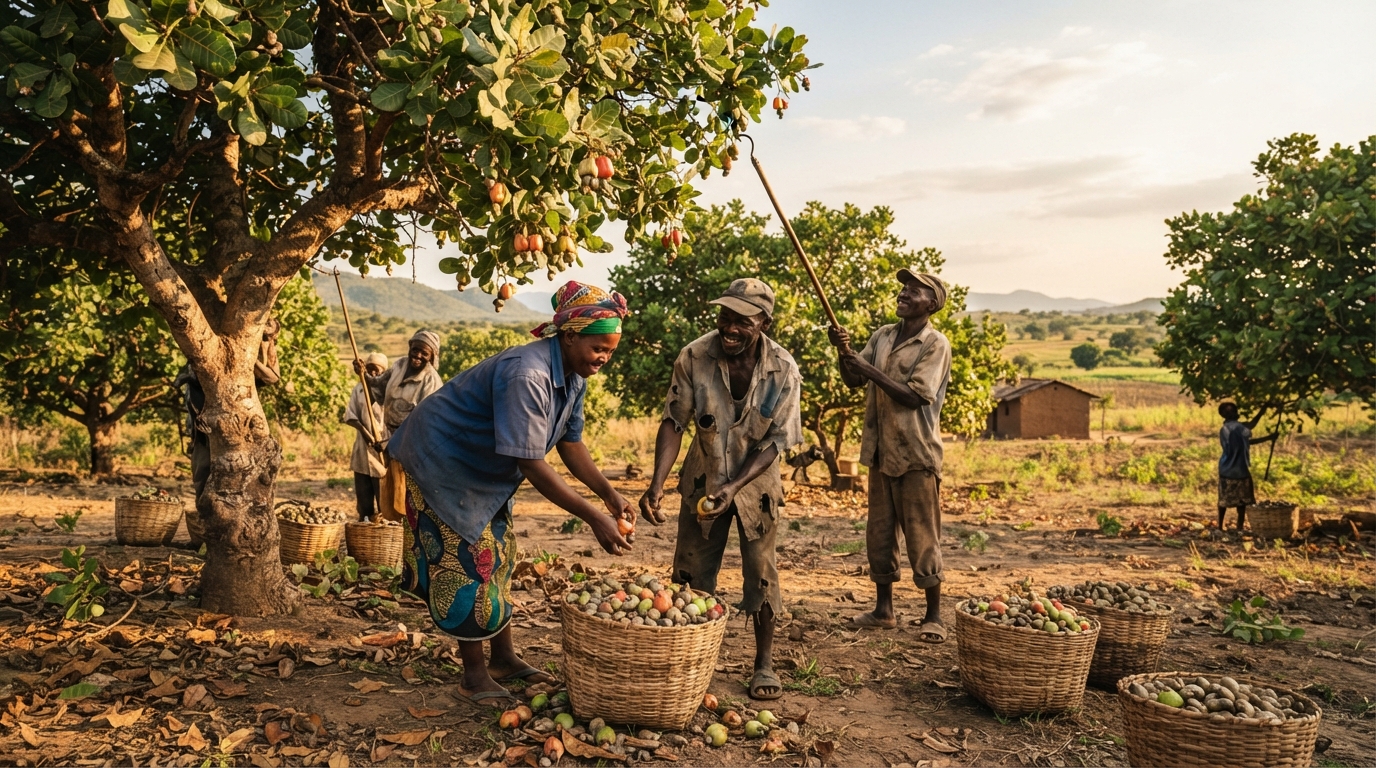 Tanzanian Cashew Farmers Harvesting Cashew Nuts (AI-Generated Image)